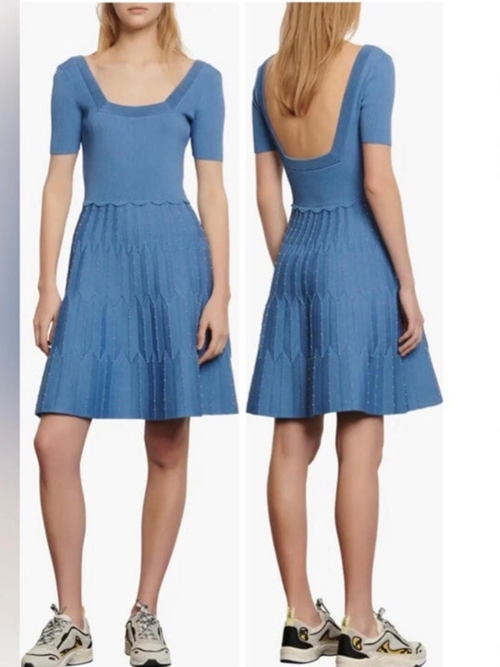 Sandro Flyn Blue Knit Bead-Embellished Fit+Flare Dress